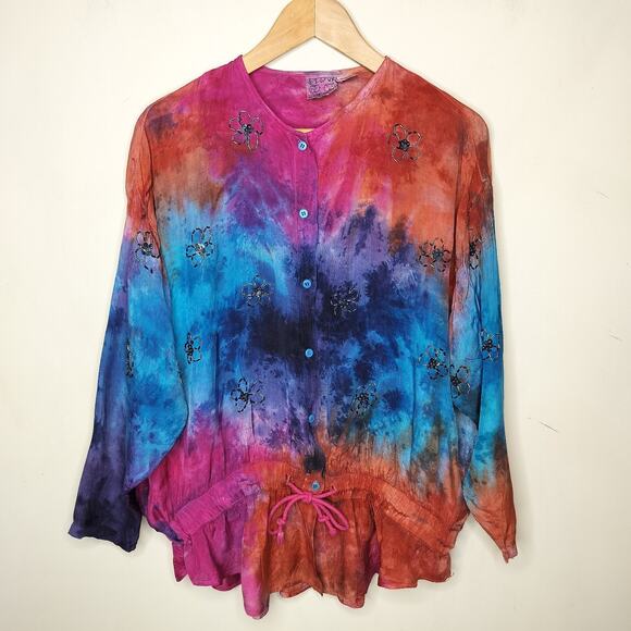 2 Of Us Tie Dye Button Up Shirt Beaded Flower Boho Hippie - Picture 1 of 14
